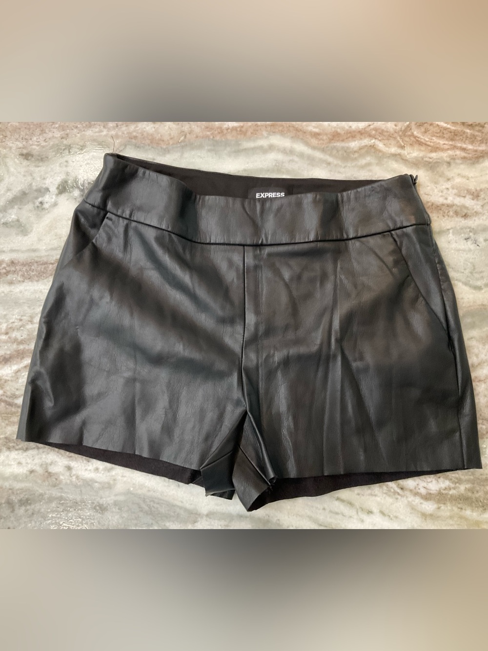 EXPRESS Faux-Leather Shorts Side zip closure, pockets